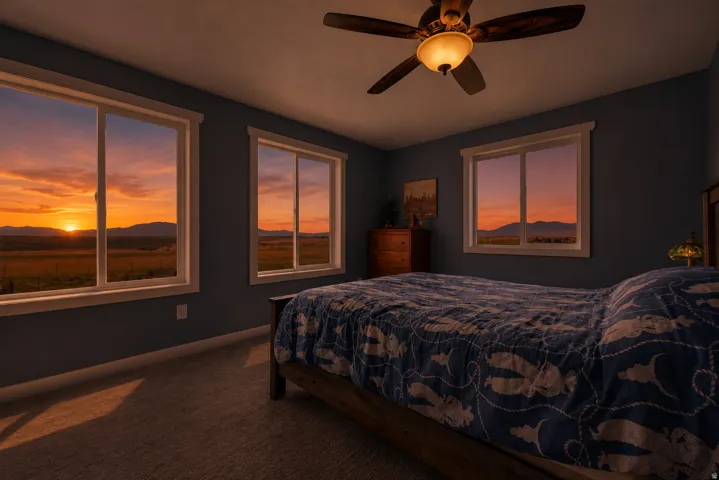 Bedroom featuring multiple windows, a ceiling fan with integrated lighting, and wall-to-wall carpeting