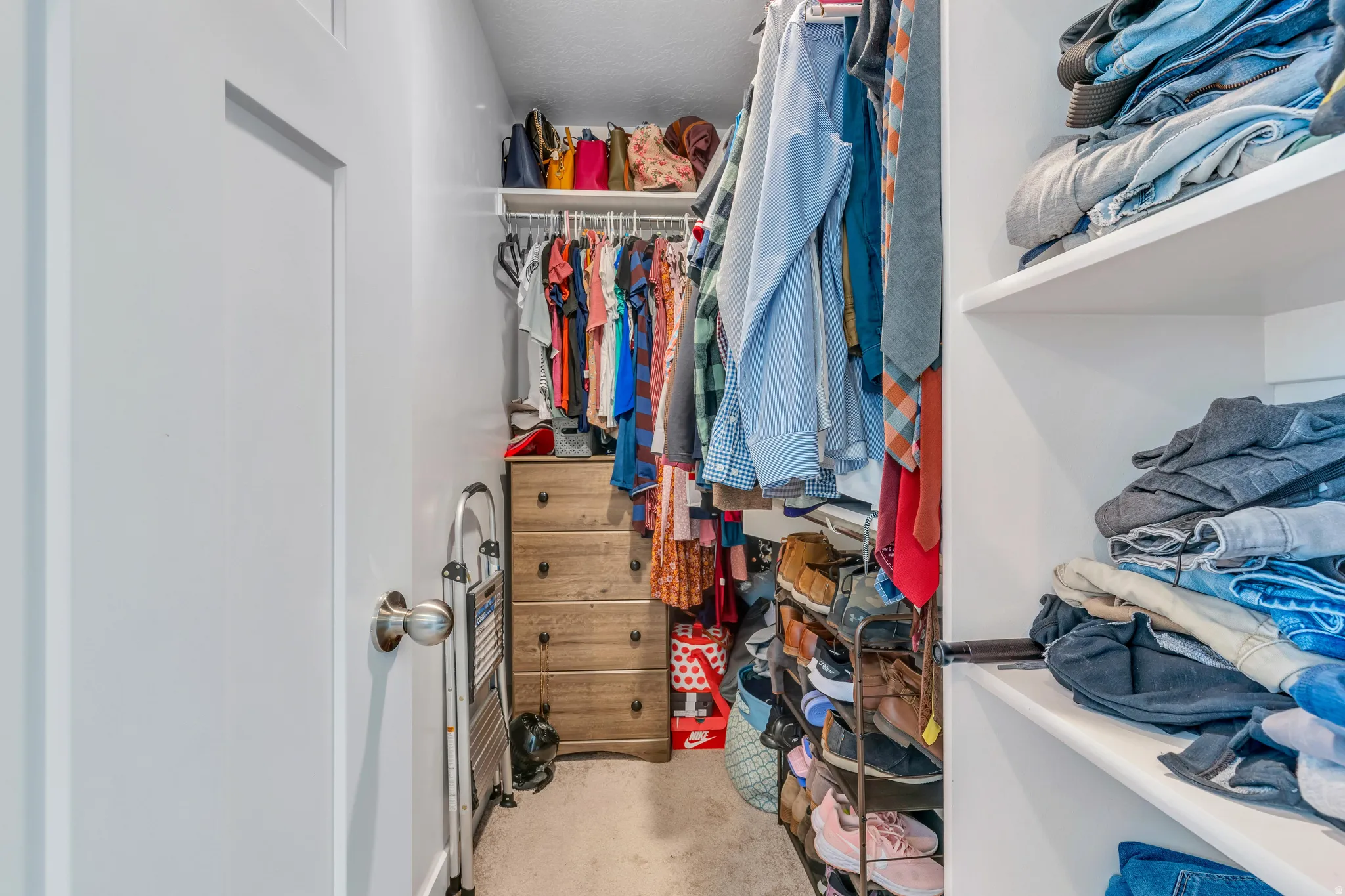 Walk-in closet featuring built-in shelving, hanging rods, and light-toned carpeting