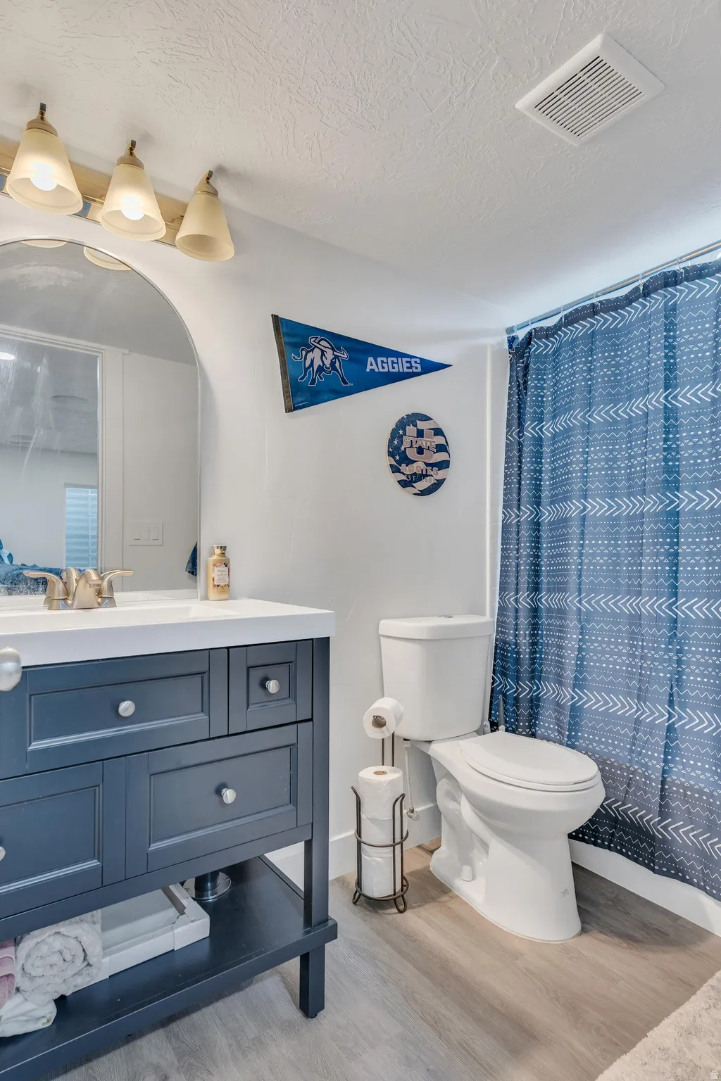 Bathroom featuring a navy vanity with white countertop, chrome hardware, and an arched mirror