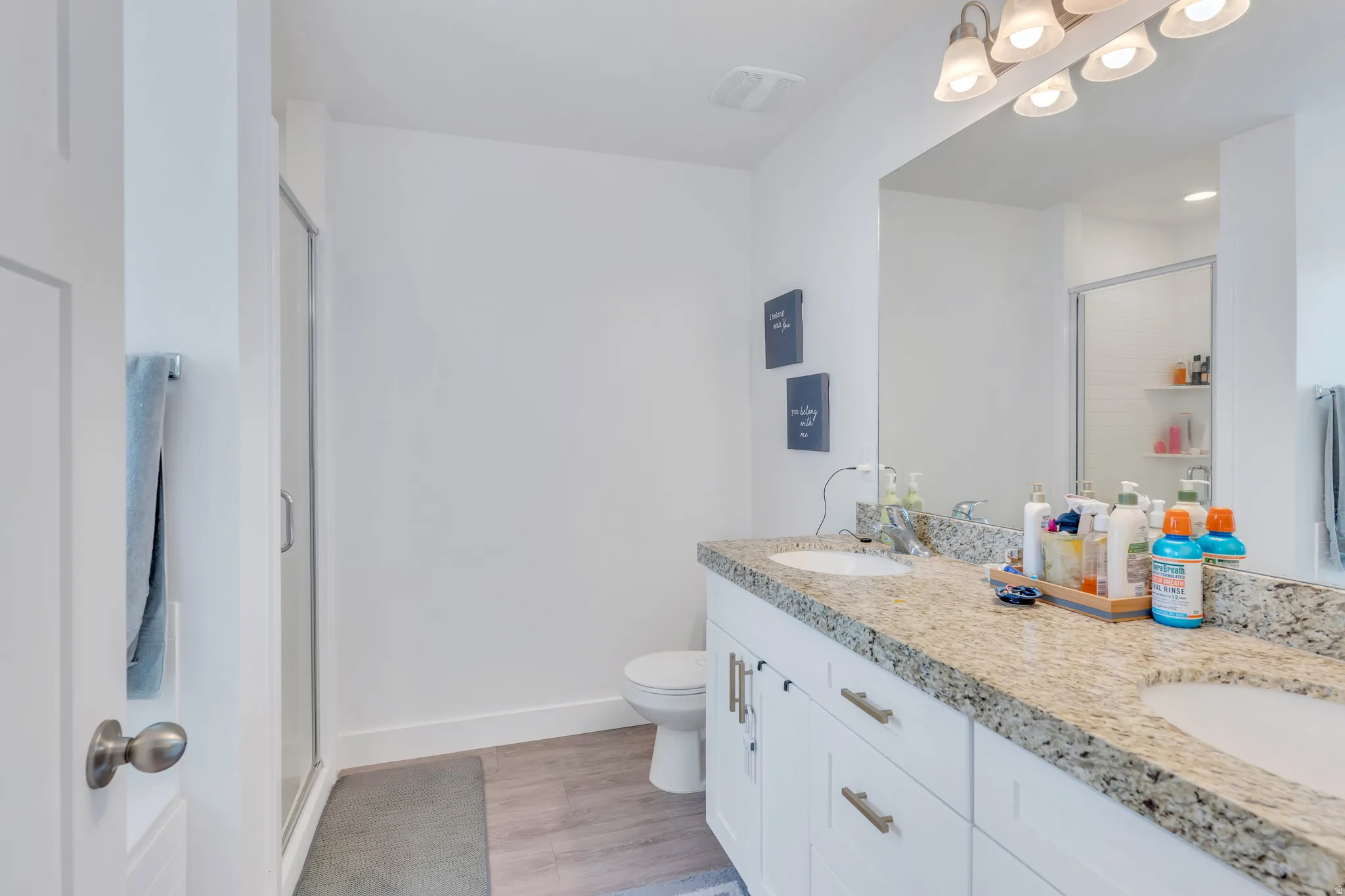 Bathroom featuring a dual vanity with a granite countertop, white cabinetry with brushed nickel hardware, and wood-finish flooring