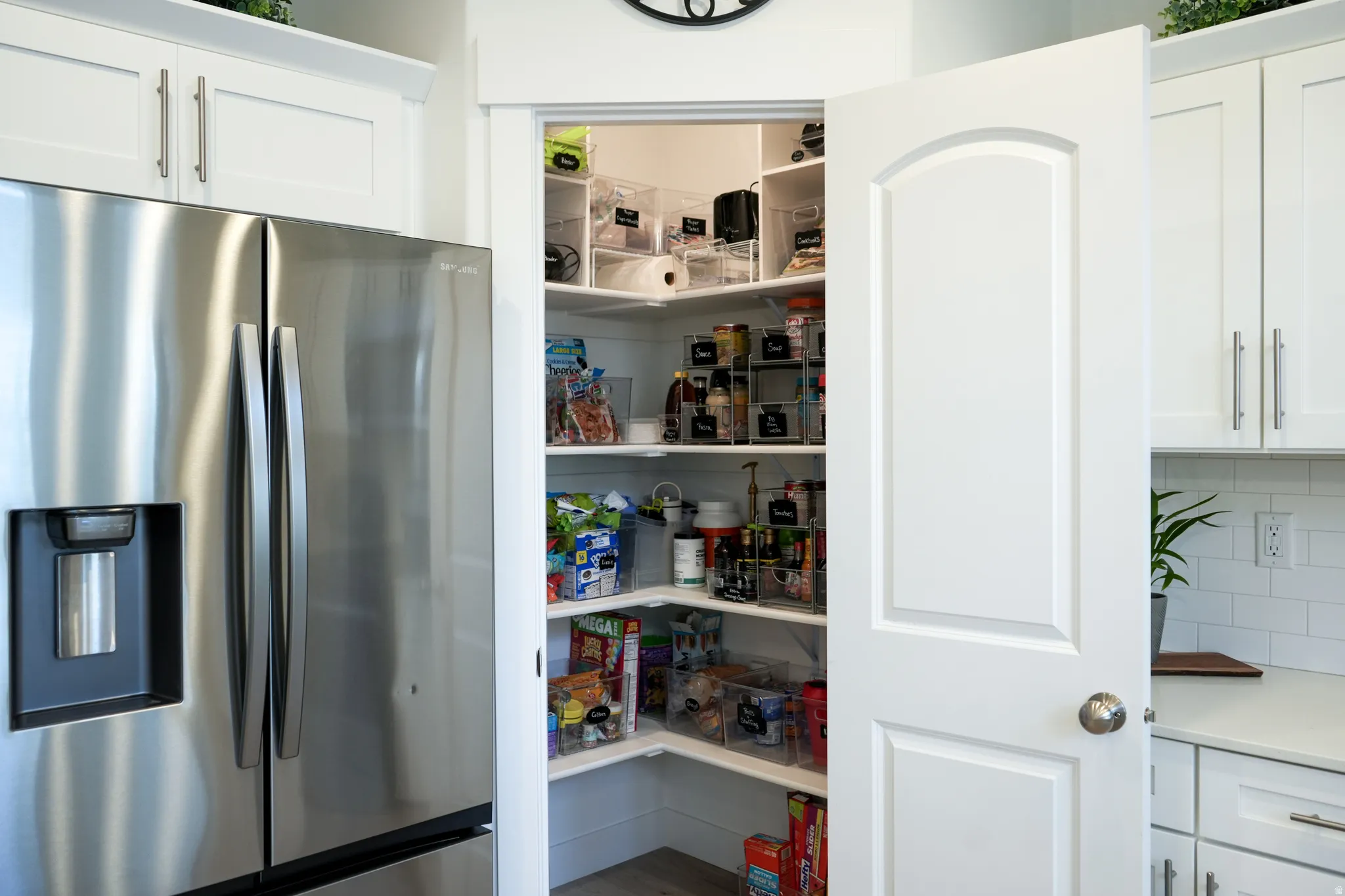 Walk-in pantry featuring white shelving, white paneled door, and wood-finish flooring