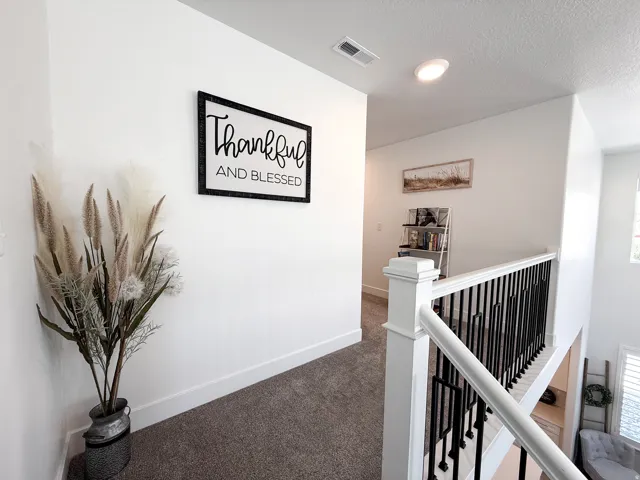 Upper landing featuring a white painted railing with black metal spindles and dark gray carpet flooring