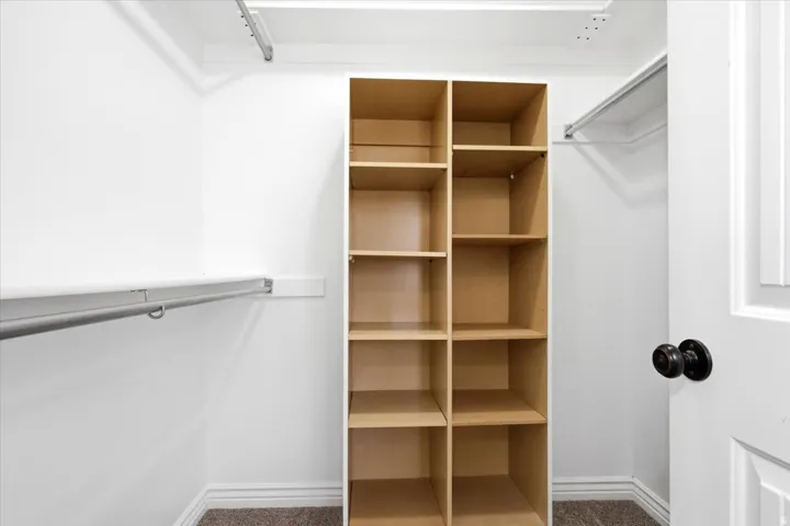 Walk-in closet featuring built-in shelving, white walls, and carpet flooring