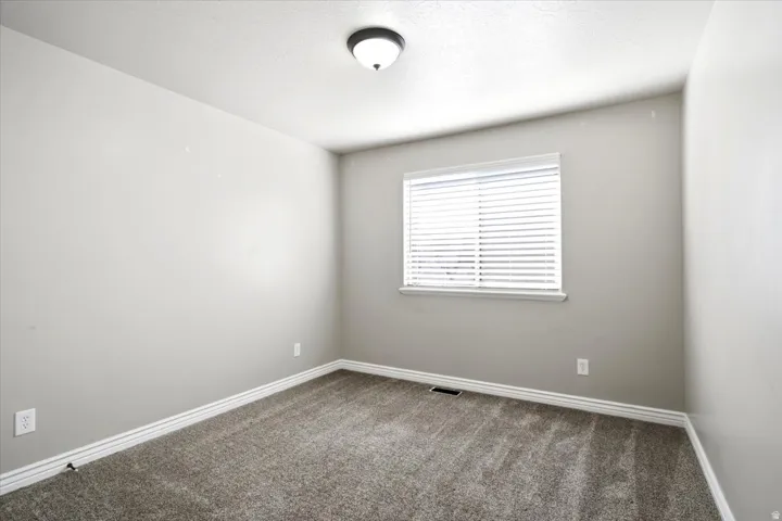 Neutral-toned room with plush carpeting, a single window featuring horizontal blinds, and a flush-mount ceiling light fixture