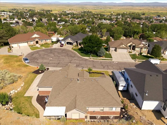 Aerial perspective showcasing a residential neighborhood with varied architectural styles