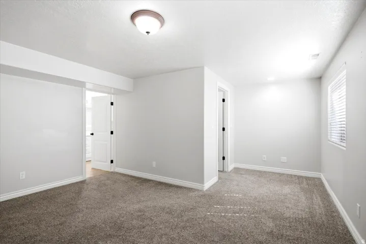 Neutral gray wall paint with white trim, brown carpet, and a white interior door