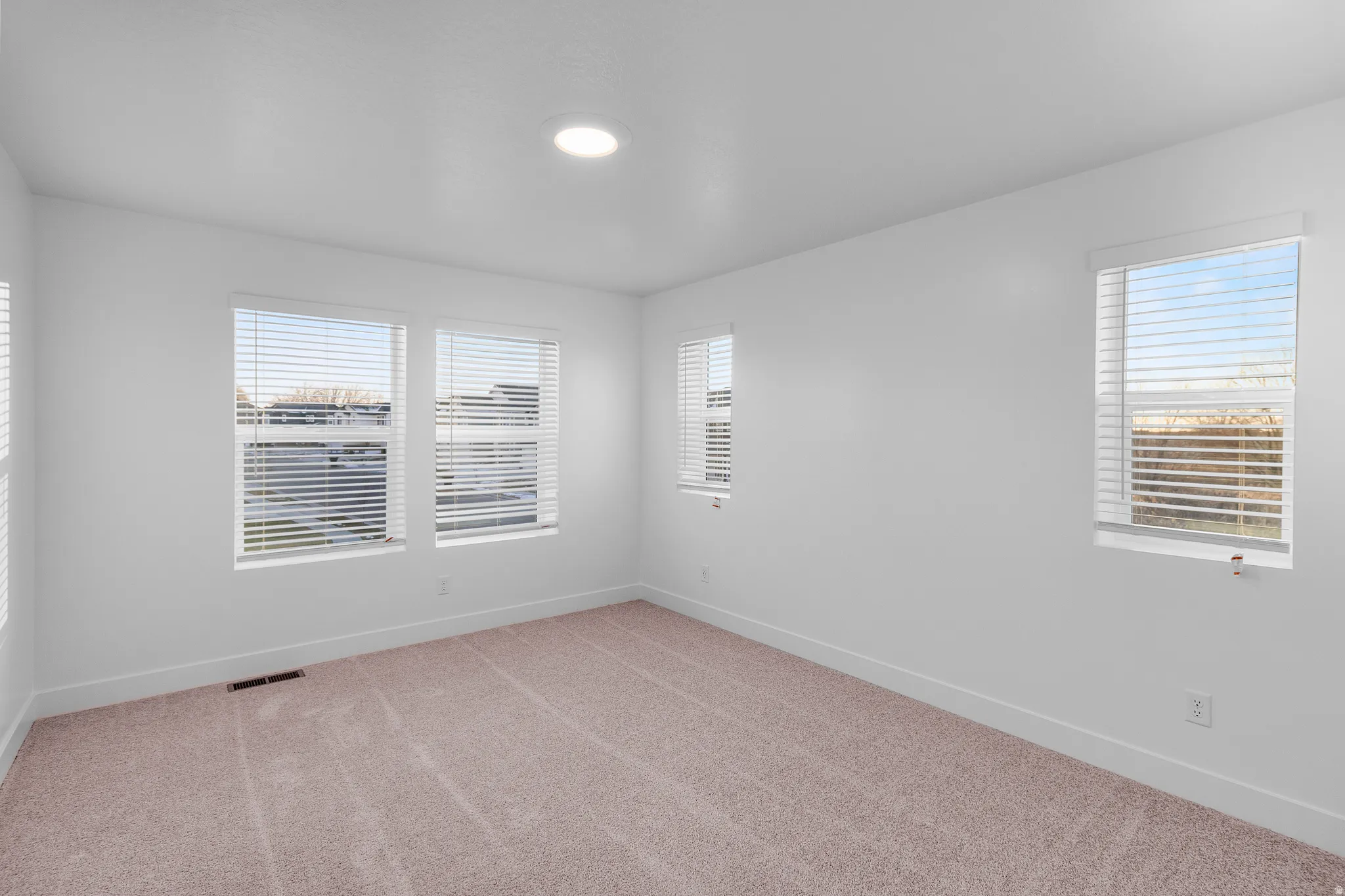 Neutral-toned carpeting paired with white walls, baseboards, and window trim