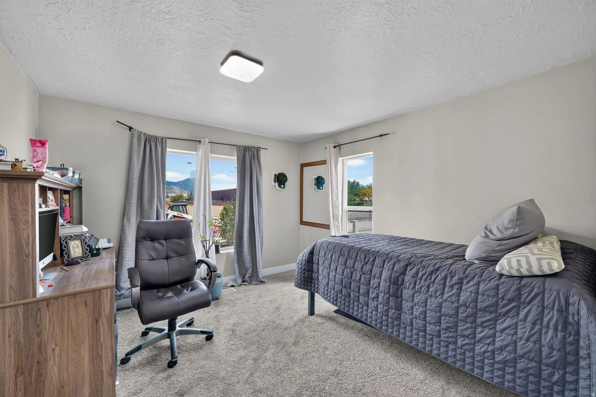 Carpeted room with multiple windows, presenting exterior mountain scenery