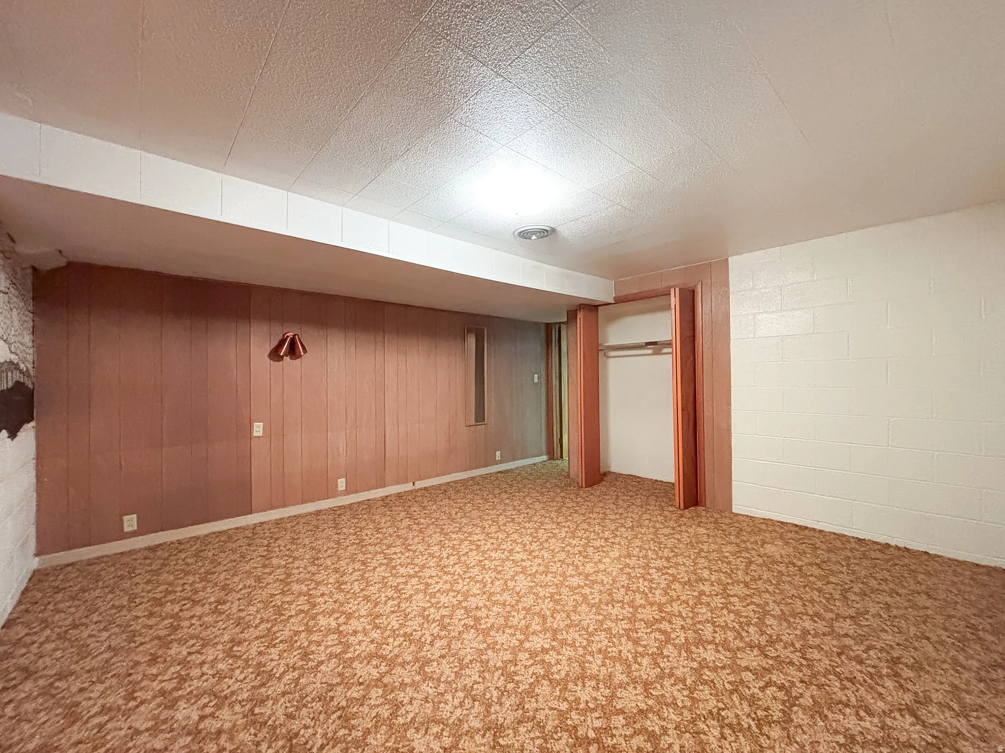 Carpeted room featuring wood paneling, painted cinder block walls, and a recessed ceiling light