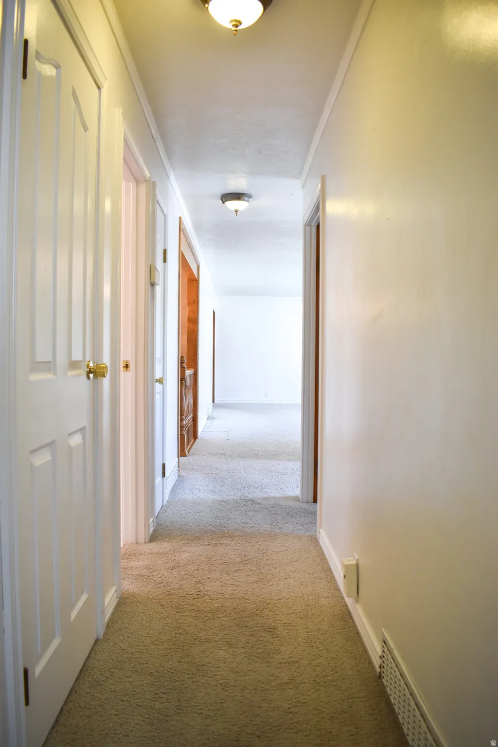 Hallway featuring neutral carpet, white walls, and flush-mount ceiling lighting