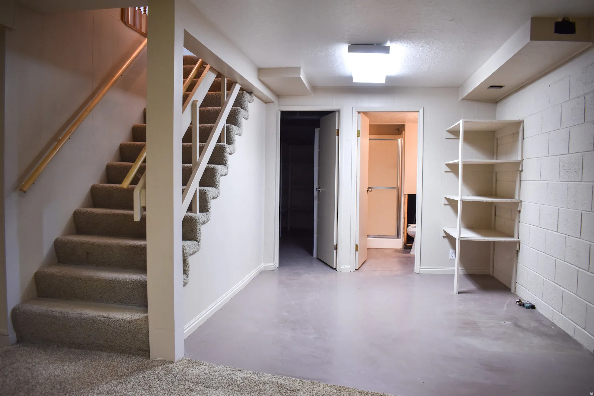 Carpeted staircase with wooden handrails