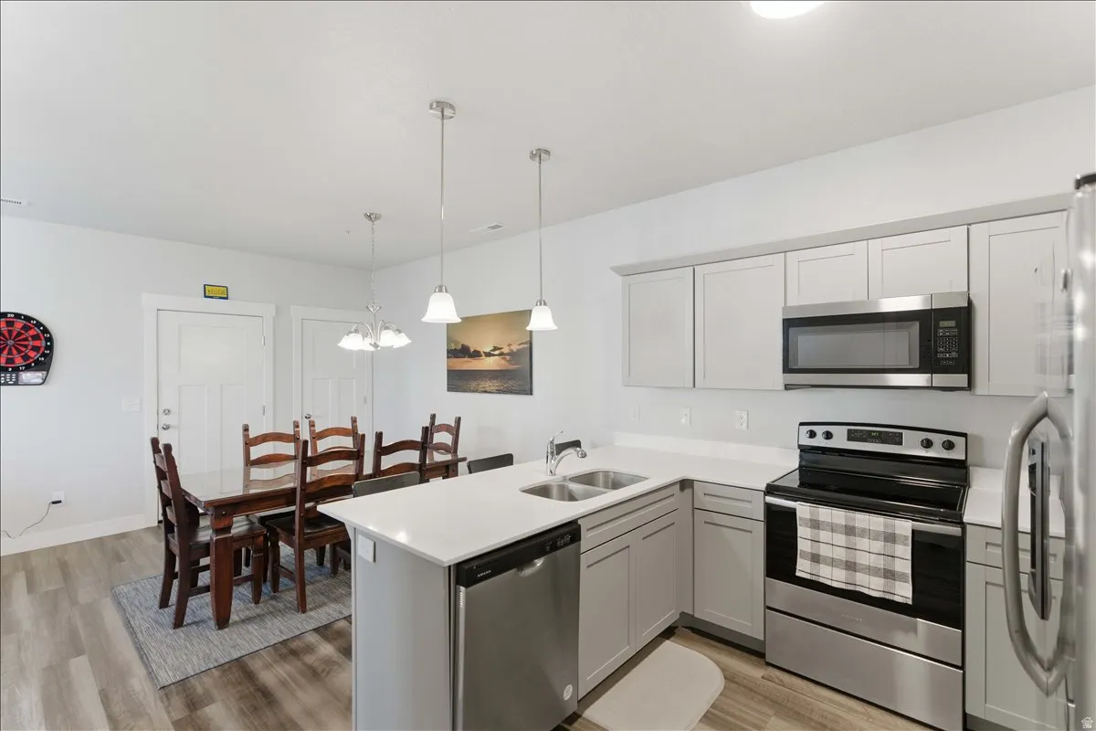 Contemporary kitchen featuring light gray cabinetry, white countertops, and stainless steel appliances