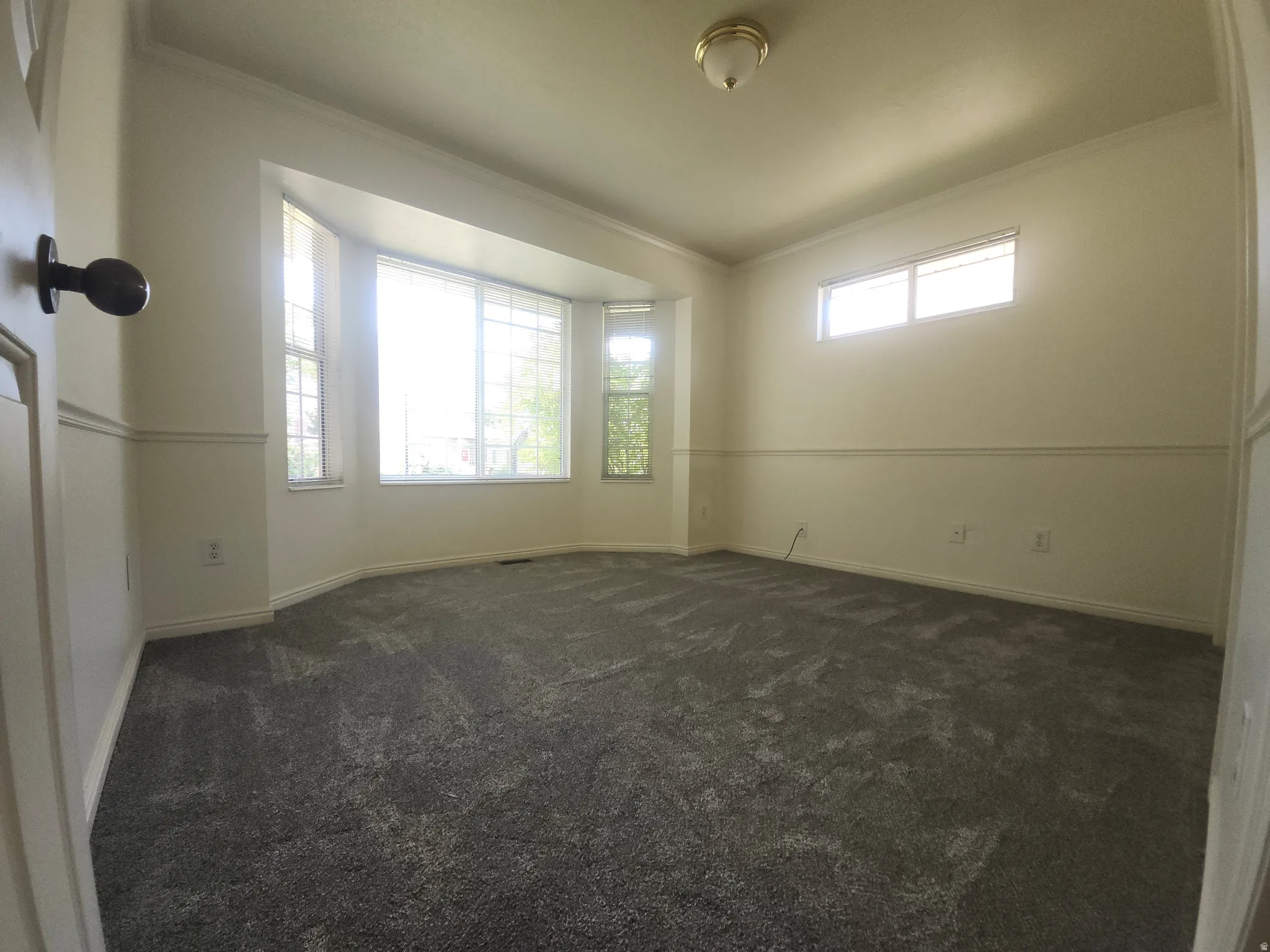 2nd Bedroom on main floor with bay window with multiple panes, ceiling-mounted light fixture, crown molding, chair rail molding, and grey carpet flooring
