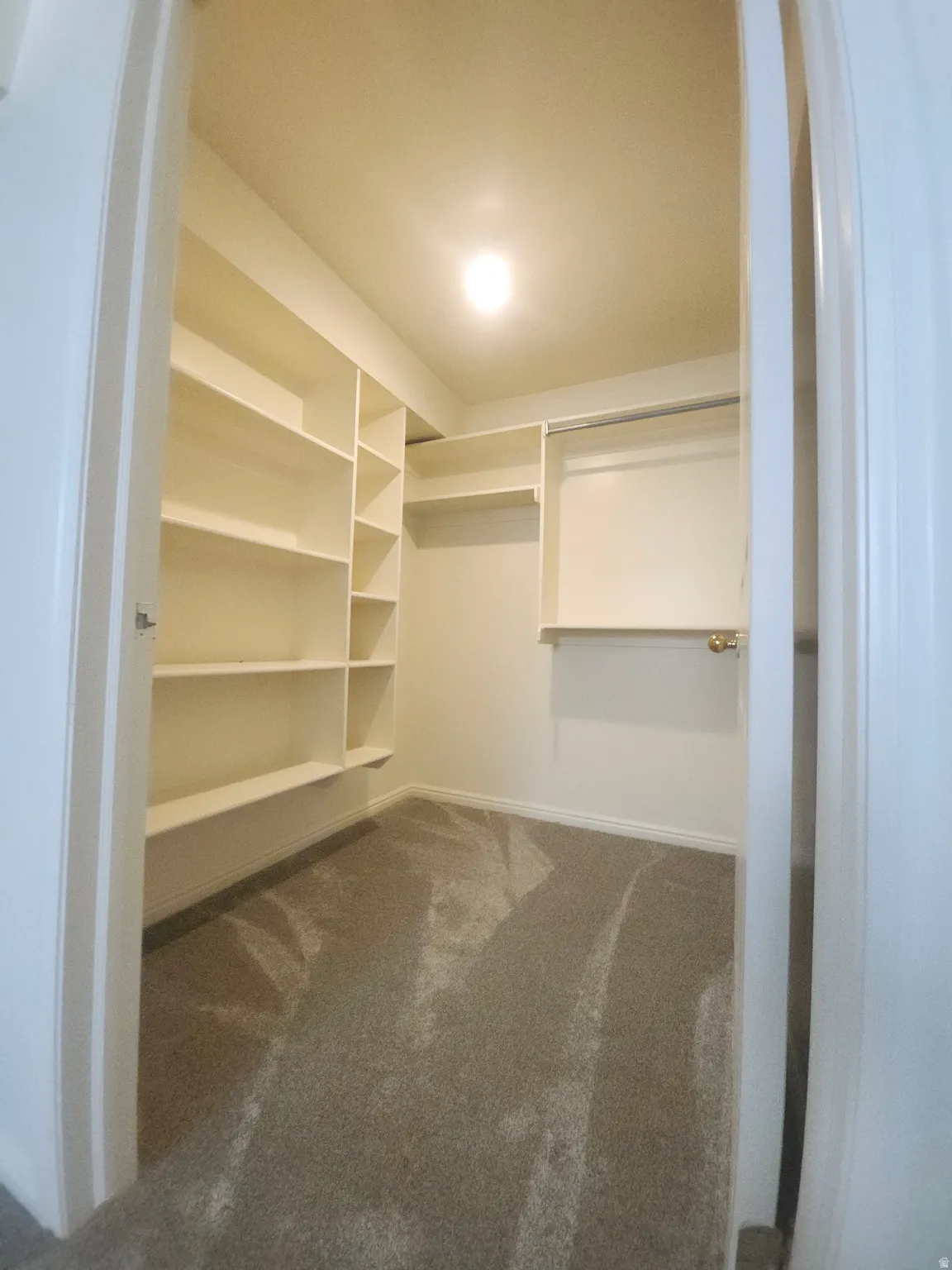 th Bedroom Walk in Closet. Built-in shelving, hanging rods, recessed ceiling lighting, and carpet flooring