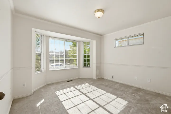 2nd Bedroom or office/ has a closet. Room featuring a bay window, wall-to-wall carpeting, crown molding, chair rail trim, and a flush-mount ceiling light fixture