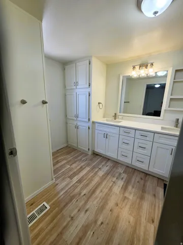 Primary Bathroom featuring wood-finish flooring, white vanity with dual sinks, white quartz countertop, and extensive built-in cabinetry