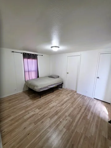 Primary bedroom featuring wood-finish flooring, white walls, and a window with dark curtains