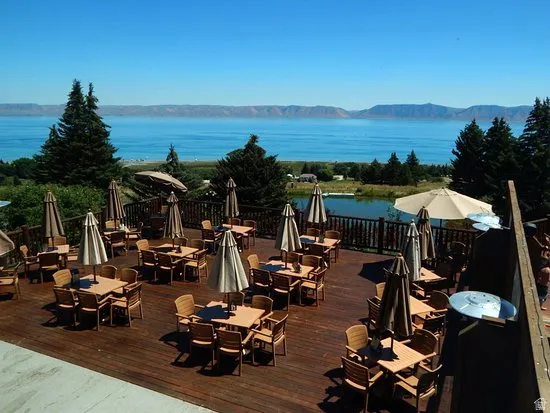 Expansive outdoor deck featuring multiple dining areas with umbrellas, wood-finish flooring, and a dark wood railing