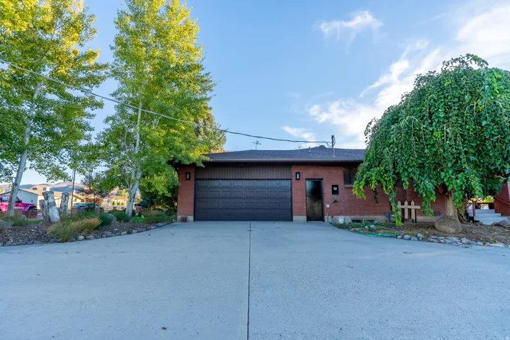 Concrete driveway leading to a brick exterior with a dark garage door and entry door, framed by mature trees