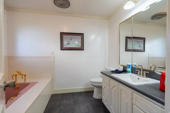 Bathroom featuring a built-in tub with gold-tone hardware, a white vanity with cabinet storage, a single basin sink, and an overhead mirror with integrated lighting
