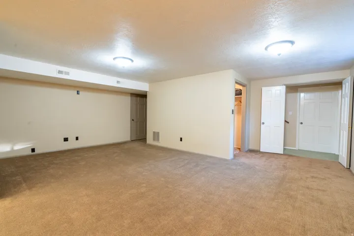Expansive room featuring neutral-toned walls, brown carpeting, and two ceiling-mounted dome light fixtures