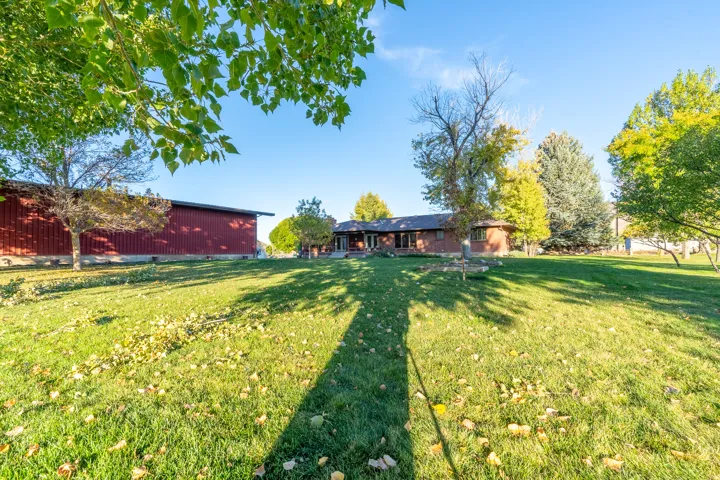 Expansive green lawn with mature trees and a distant brick residence