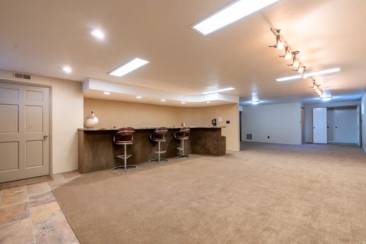 Spacious recreational room featuring a built-in bar with countertop, recessed lighting, track lighting, and soft carpet flooring