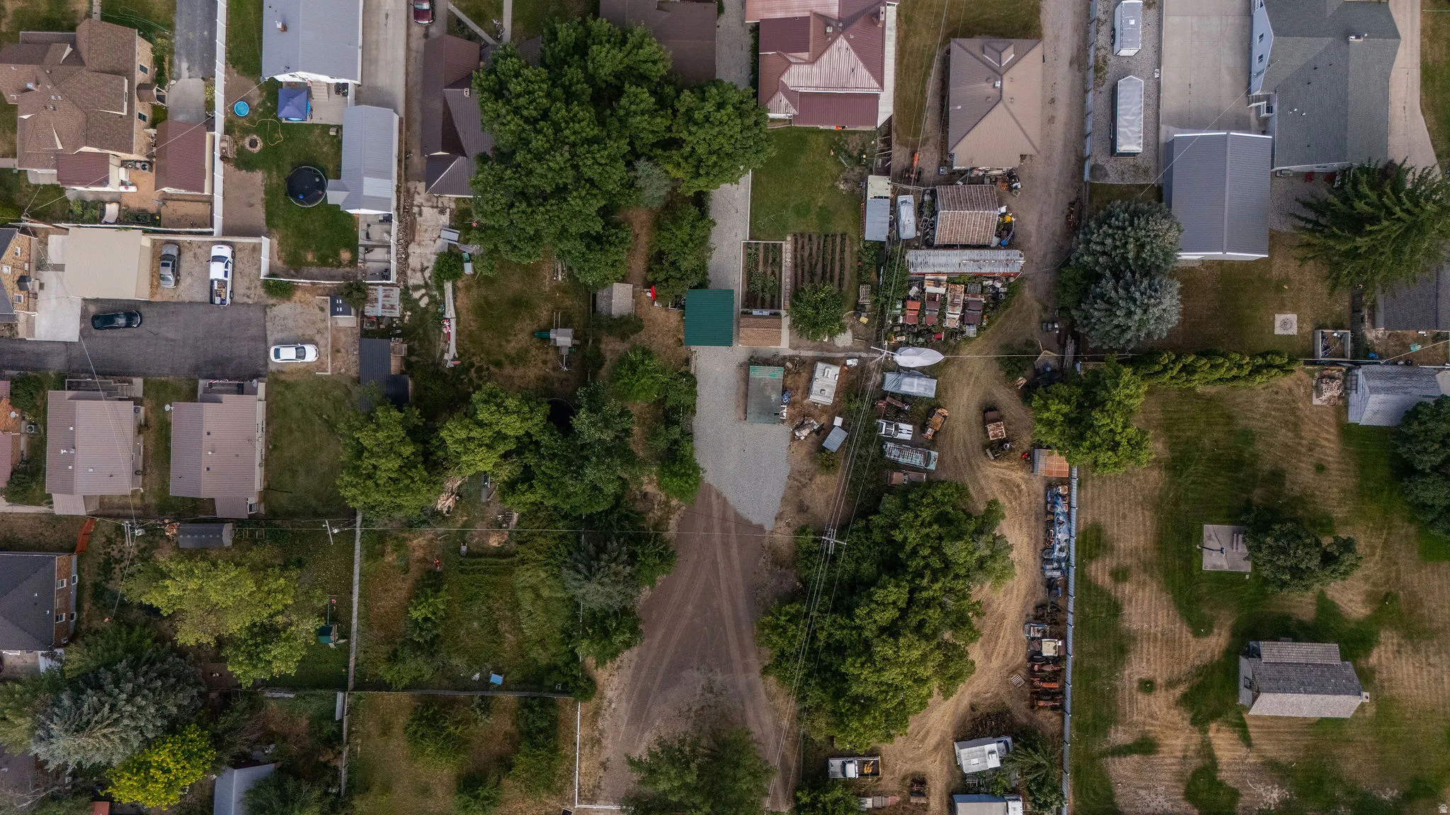 Expansive lot featuring a green-roofed structure, multiple outbuildings, and mature trees