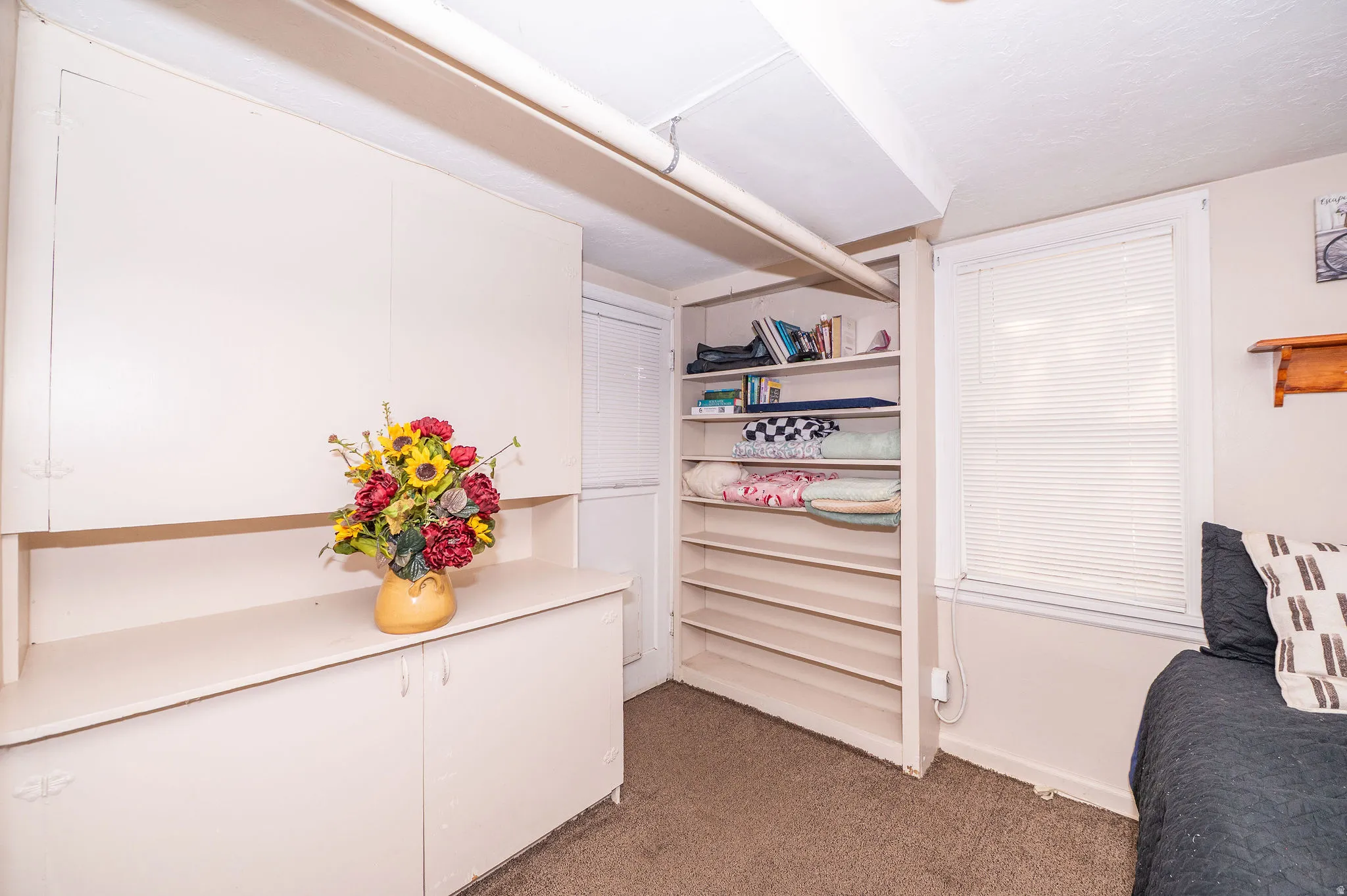 Built-in cabinetry with integrated shelving provides ample storage