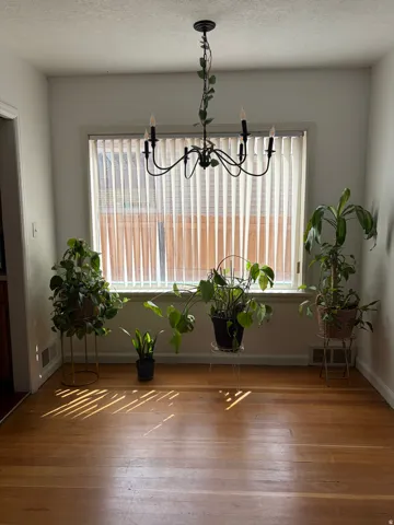 Hardwood flooring, window with vertical blinds, and a ceiling-mounted chandelier