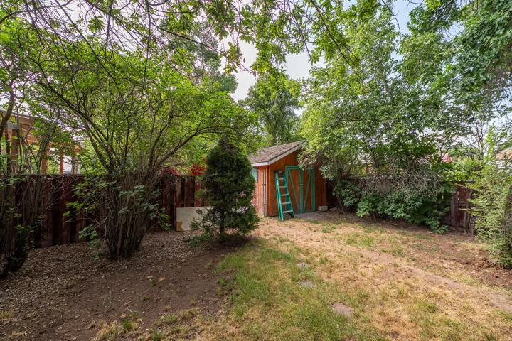 Expansive backyard featuring mature trees, a wooden fence, and a storage shed with a shingle roof and double doors