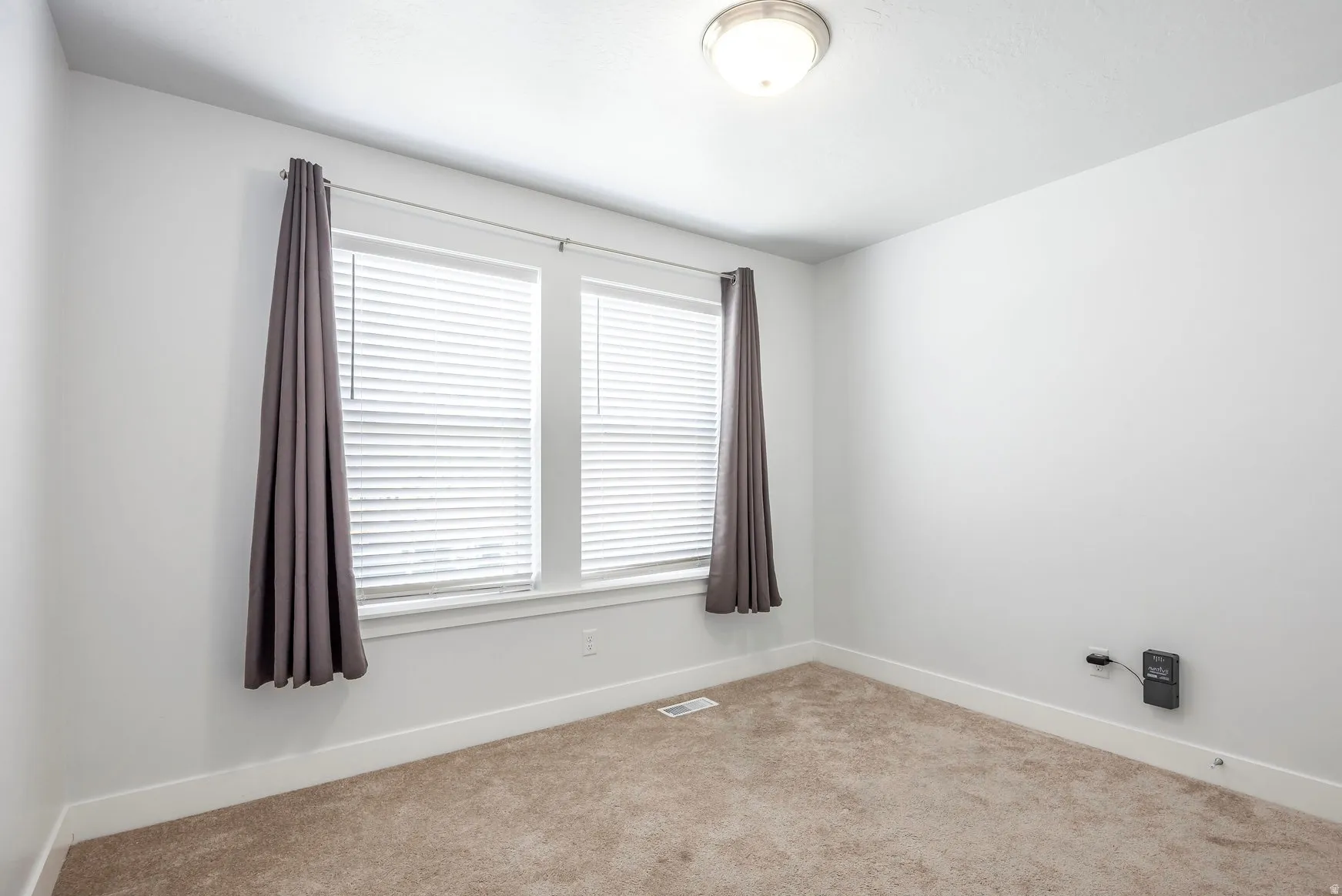 Carpeted room with two windows featuring blinds and a flush-mount ceiling light