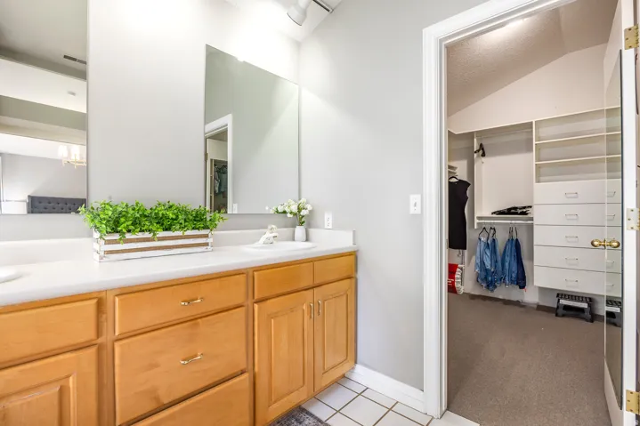 Bathroom vanity featuring dual sinks, a neutral countertop, light wood-finish cabinetry, and an adjacent walk-in closet with built-in shelving and drawers