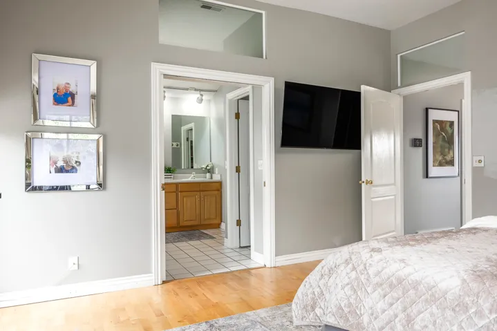 Wood-finish flooring with a light gray wall color