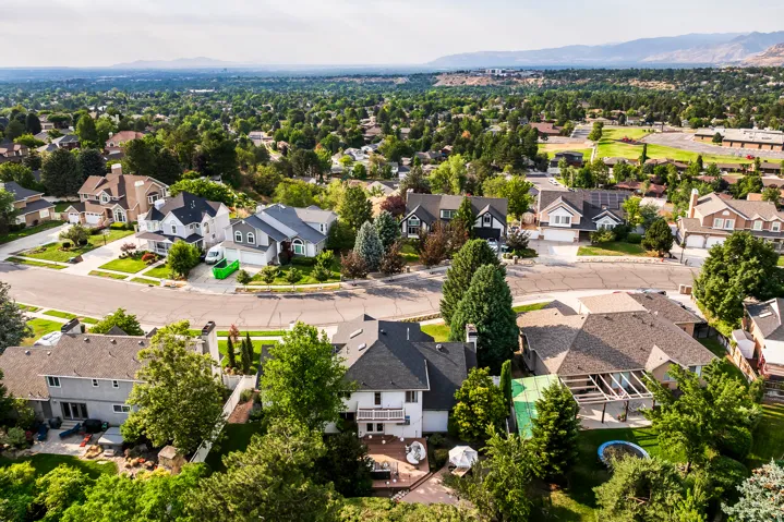 Aerial perspective of a residential neighborhood featuring established homes with mature landscaping