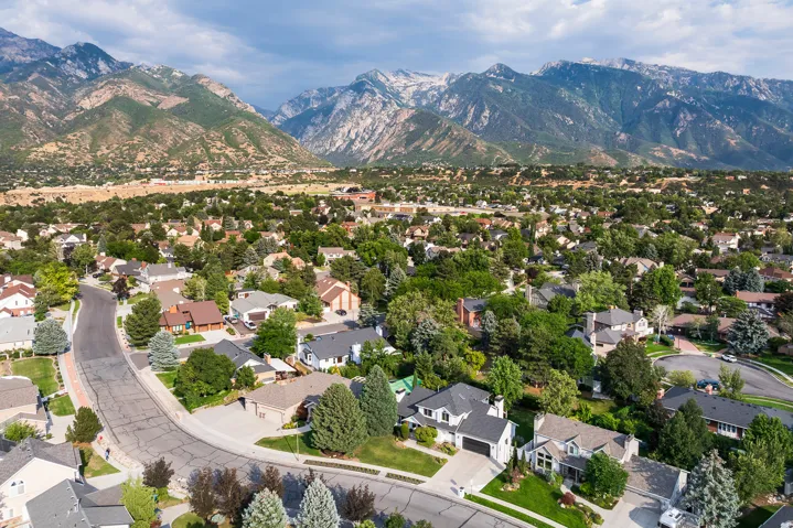 Aerial perspective of a residential community featuring varied architectural home styles