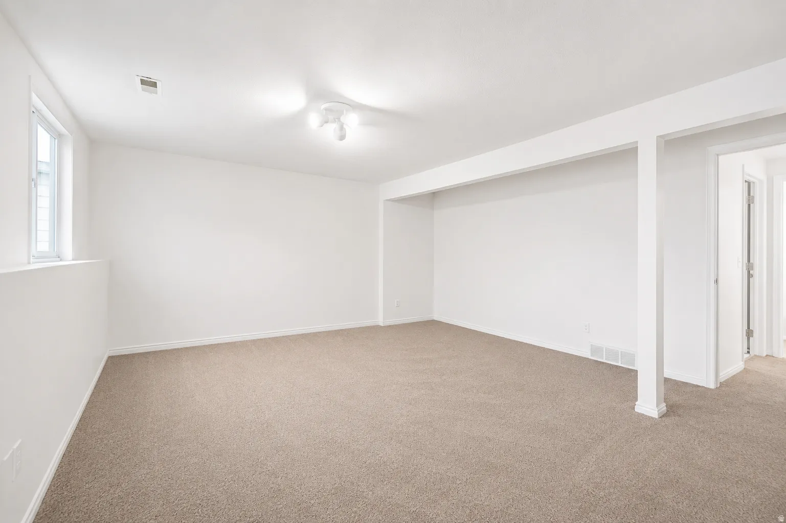 Carpeted room with white walls, a recessed window, and white trim
