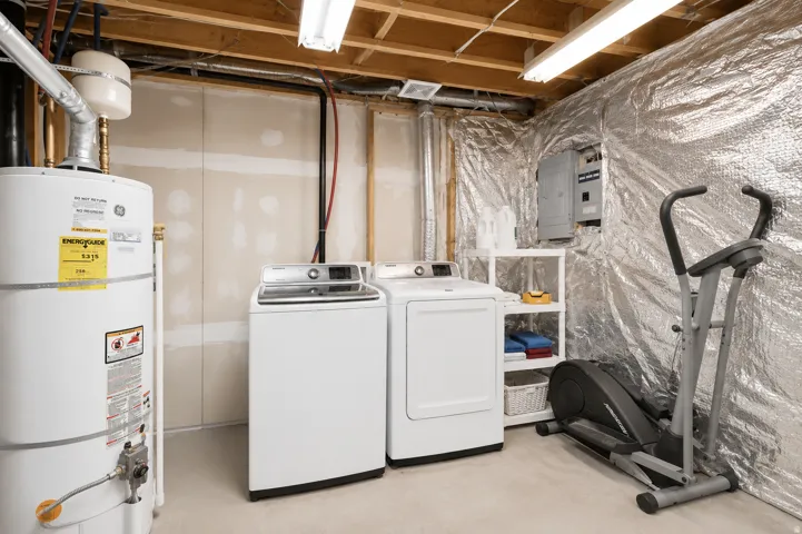 Utility area featuring a water heater, washer, and dryer