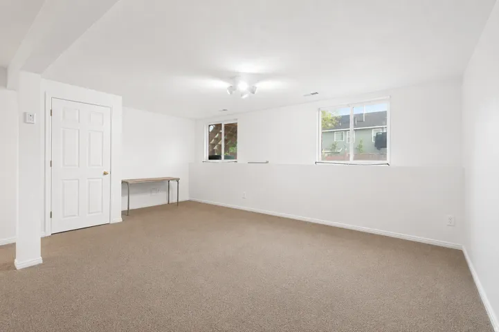 Spacious room featuring neutral carpet flooring, white walls, two windows providing natural light, and an overhead light fixture