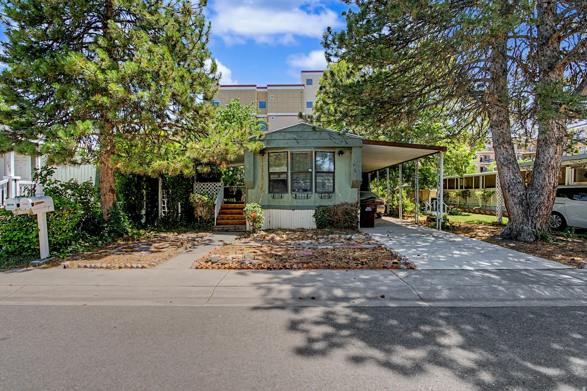 Single-story residence featuring a covered entry porch, a carport, a paved driveway, and mature trees