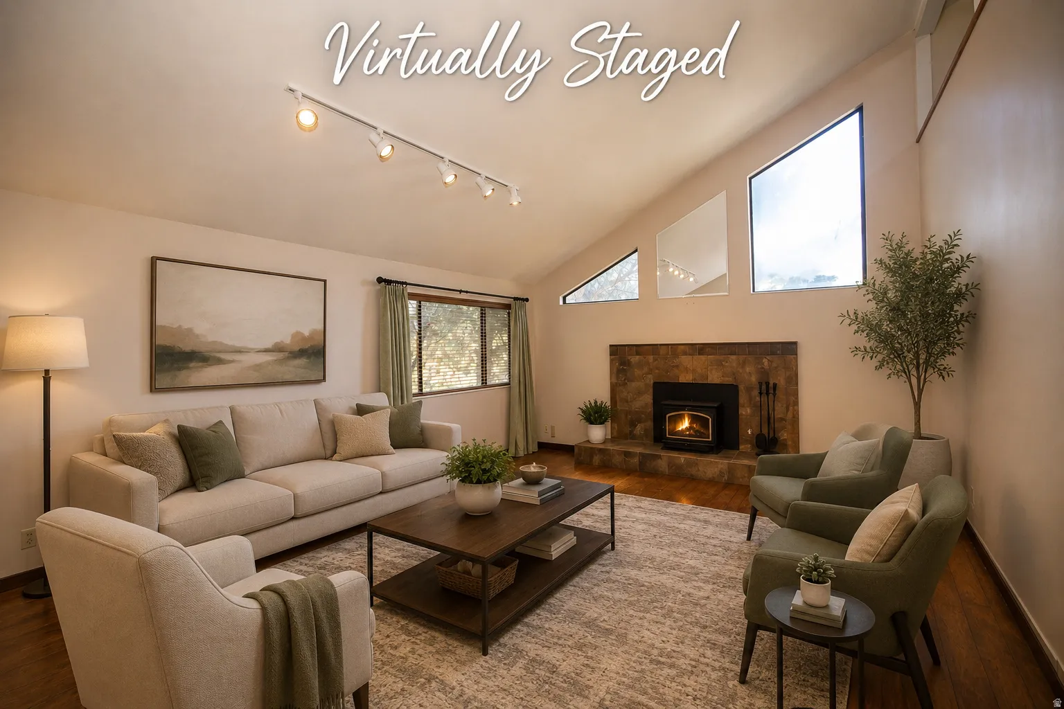 Vaulted ceiling with track lighting, stone-clad fireplace with hearth, and angular window array