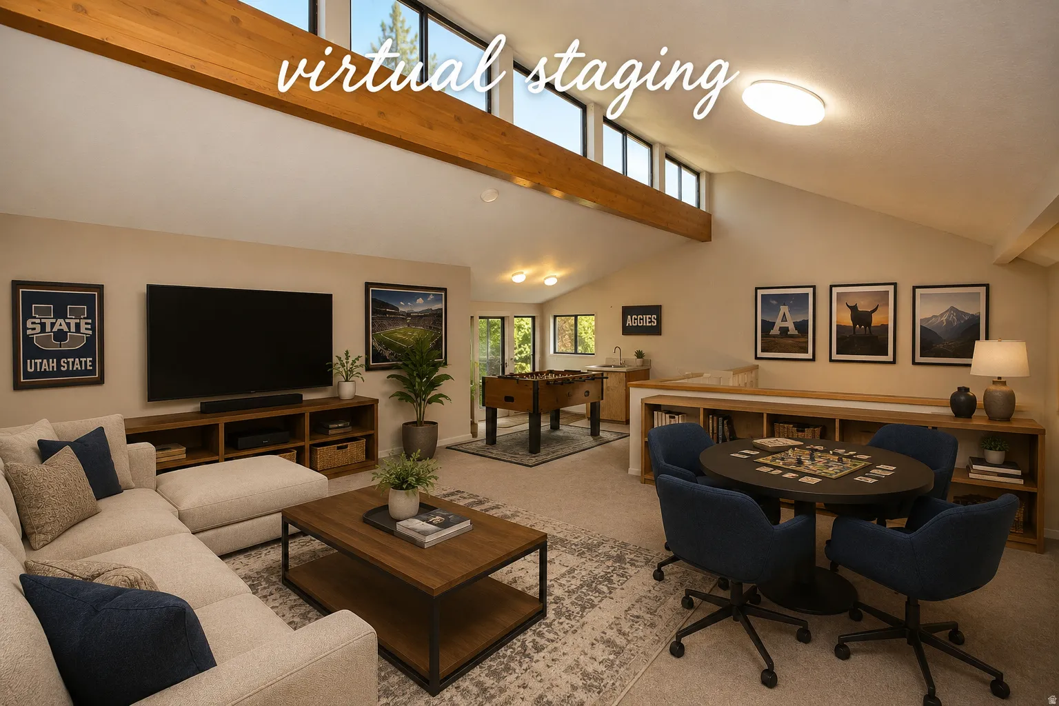 Vaulted ceiling with exposed wood beams and clerestory windows