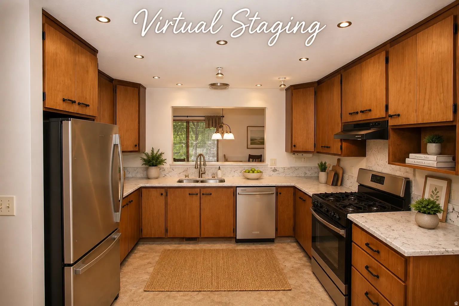 U-shaped kitchen featuring wood cabinetry, light-toned countertops, and stainless steel appliances including a refrigerator, dishwasher, and range with overhead vent