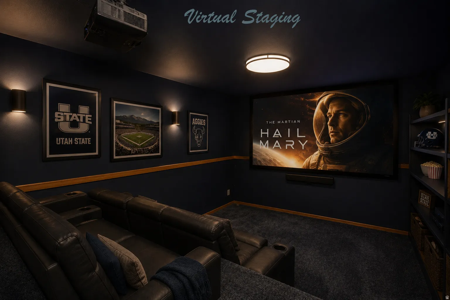 Dedicated media room featuring a large projection screen, dark wall finishes, and tiered seating