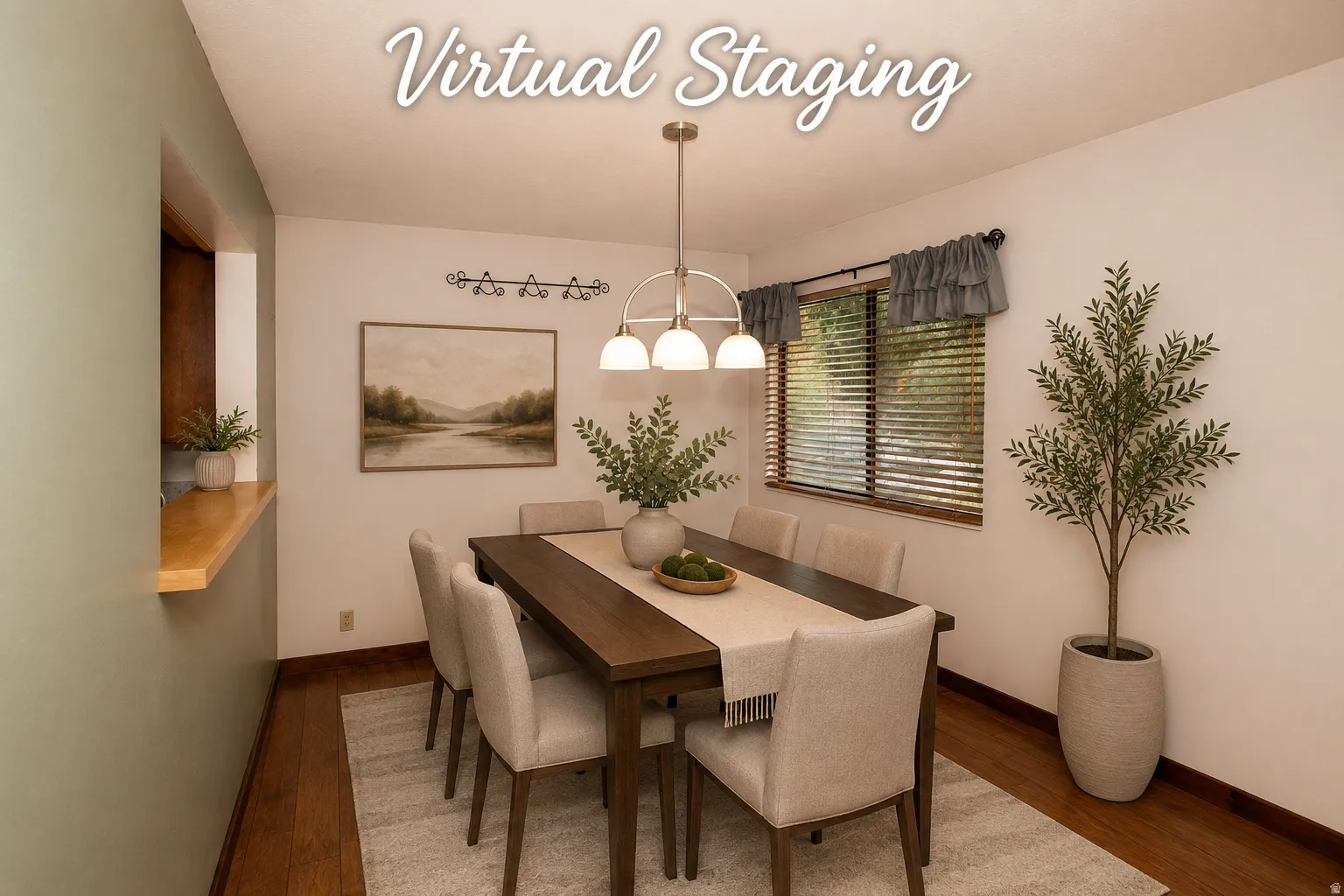 Dining area featuring wood-finish flooring, a pass-through window with a wood ledge, and a window with wood blinds