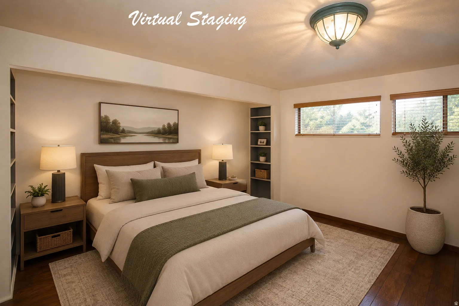 Primary Suite featuring built-in shelving, wood-finish flooring, and recessed window openings with blinds