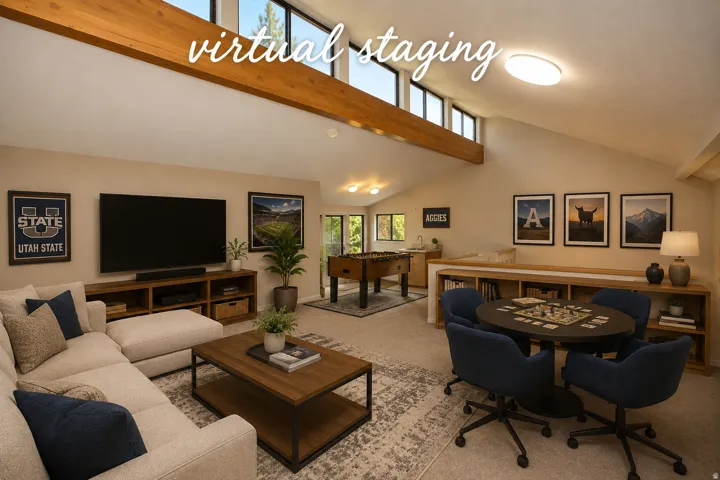 Vaulted ceiling with exposed wood beams and clerestory windows