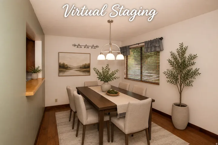 Dining area featuring wood-finish flooring, a pass-through window with a wood ledge, and a window with wood blinds