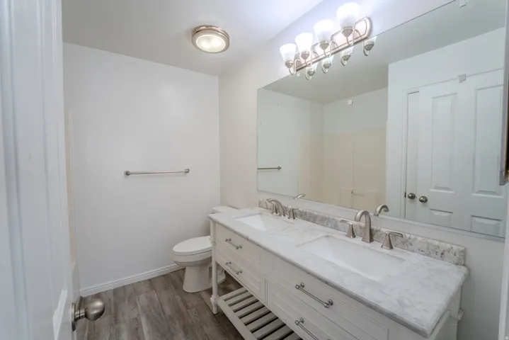 Bathroom featuring a dual vanity with a marble-finish countertop, brushed nickel fixtures, wood-finish flooring, a contemporary light fixture, and a large wall-mounted mirror