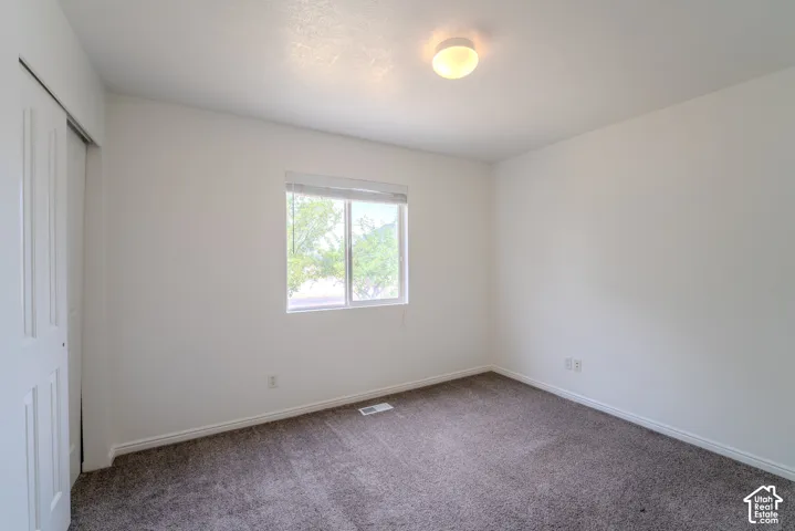 Bright interior space featuring a window with exterior tree views, neutral wall color, and dark carpet